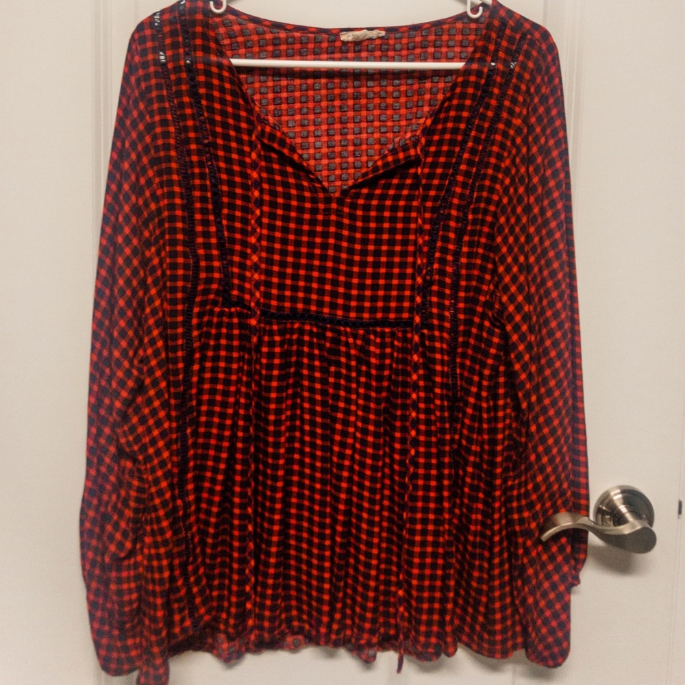 Navy/red gingham blouse
